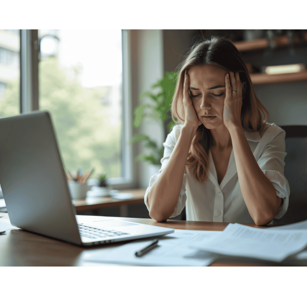 A woman sat at her desk looking exhausted