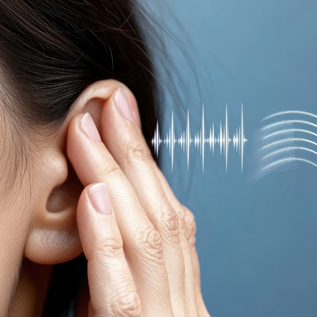 A woman struggling to hear