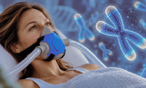 Woman using a blue HBOT BIBS mask alongside an illustration of chromosomes and telomeres.